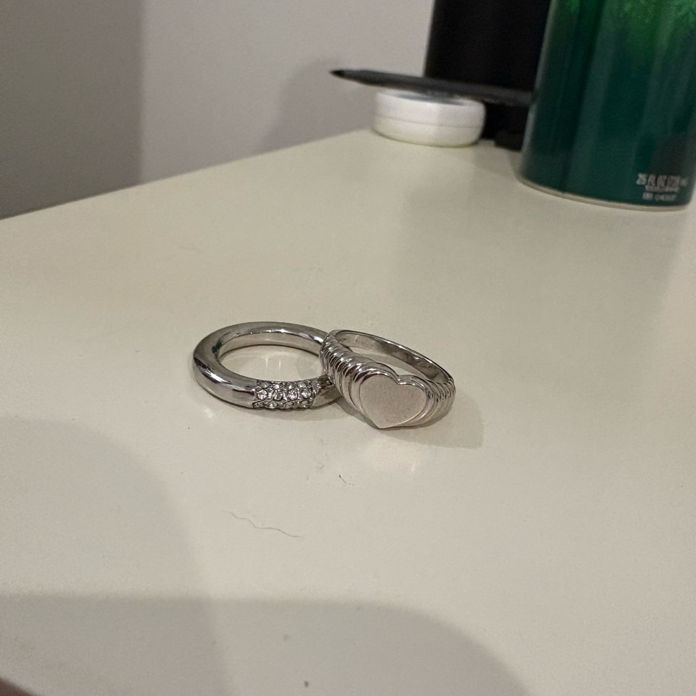 Silver Heart and Diamond Accent Ring Set